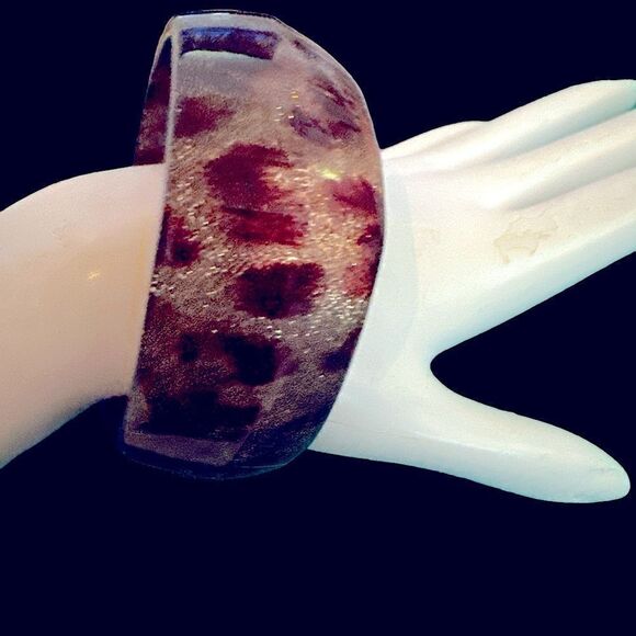 Vintage lucite sparkle leopard design brown gold bangle - Picture 8 of 9